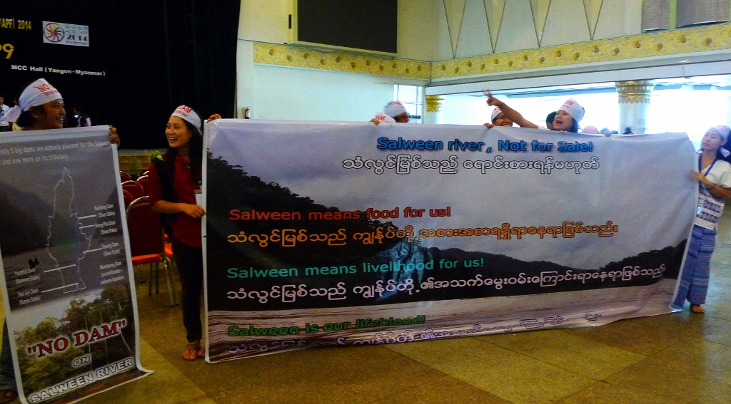  “Salween not for Sale” demonstration during the ASEAN People's Forum. Other demonstration during the Forum included a call for the safe return of disappeared activist Sombath Somphone from Laos, and the presentation of banners calling for greater attention to LGBT rights across ASEAN.